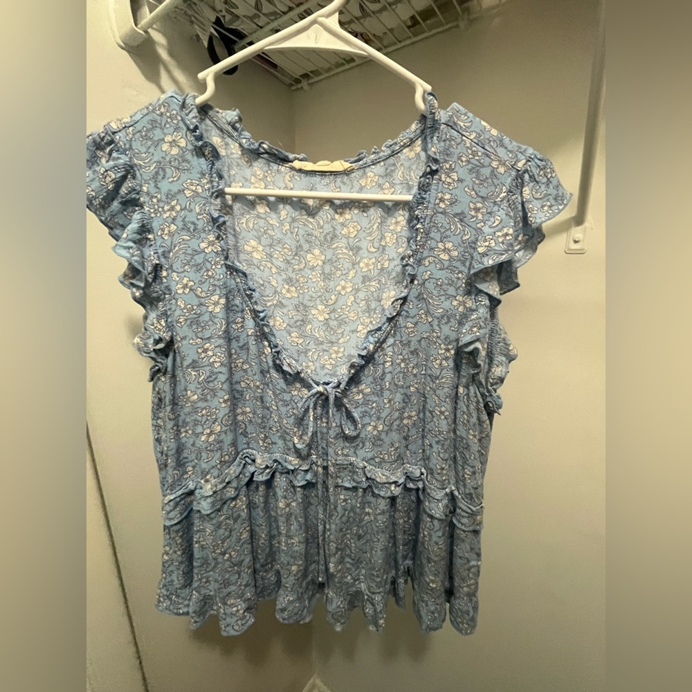 Floral Blue Ruffle Top